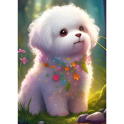 AIRDEA DIY Weißer Hund Diamond Painting Set Erwachsene Kinder, Diamant Painting Bilder 5D Hund Diamant Kunst Welpe Diamant Malerei Set Cross Stickerei Malerei Kits für Heimdekor 30x40 cm von AIRDEA