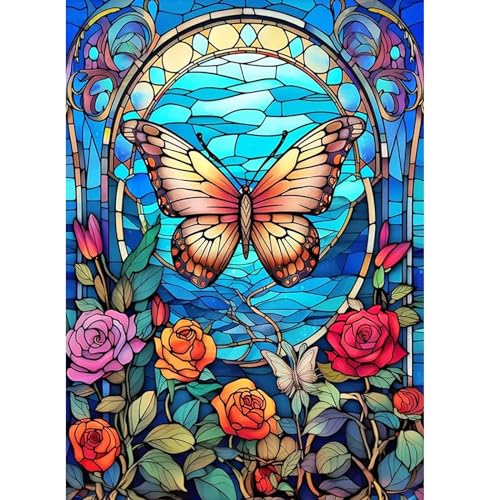 AIRDEA Schmetterlingsrose Buntglas Diamant Painting Bilder Kits, 5D Diamond Painting nach Zahlen Erwachsene, Full Diamant Bilder Stickerei Arts Craft Set für Wand Room Home Décor 30x40cm von AIRDEA