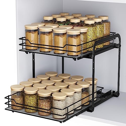 AIRUJIA Gewürzregal Ausziehbar, 2 Etagen Spülschrank Organizer, Gewürzregal Schrank, Spice Rack, Anhebbares Waschbecken Regal, Gewürz Organizerfür Für Küche, L26.4*B23.2*H23CM von AIRUJIA