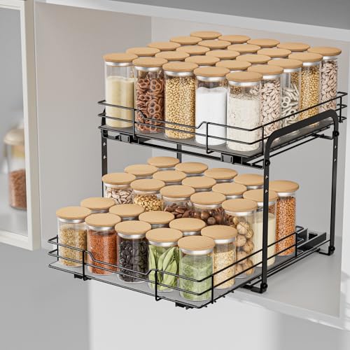 AIRUJIA Gewürzregal Ausziehbar, 2 Etagen Spülschrank Organizer, Gewürzregal Schrank, Spice Rack, Anhebbares Waschbecken Regal, Gewürz Organizerfür Für Küche, L29.3*B27.2*H24CM von AIRUJIA