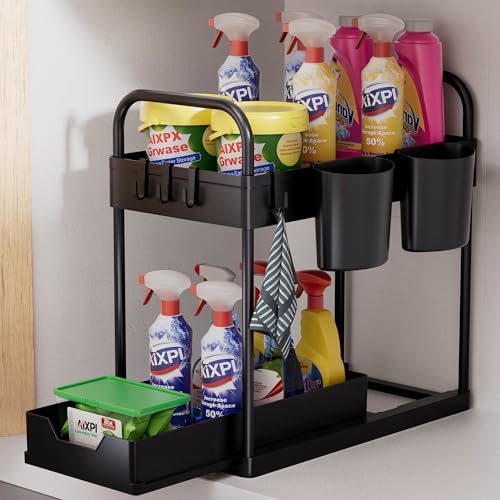 AIXPI Organizer,2 Etagen Unter Waschbecken Regal mit 4 Haken und 2 Tasse, Mehrzweck Gewürzregal Spülschrank Putzmittel Organizer für Badezimmer Küche (Schwarz) von AIXPI