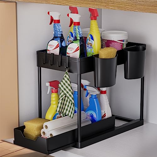 AIXPI Küchen Organizer 2 Etagen, Unter Waschbecken Regal mit Haken und Tasse Gewürzregal Spülschrank Organizer Küchenregal Schrank Organizer für Badezimmer Küche Schwarz von AIXPI