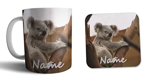 Personalisierbares Set aus Tasse und Untersetzer, Koala, Geschenk – Geburtstag – Weihnachten – Strumpffüller – Wichtelgeschenk von AK Giftshop