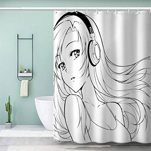 AKATIE Anime Duschvorhang 180x200 Schwarz Und Weiß Anime-Mädchen Bad Vorhäng Anti-Schimmel Textil Anti-Bakteriel 3D Wasserdicht Duschvorhänge Badewanne mit 12 Hooks von AKATIE