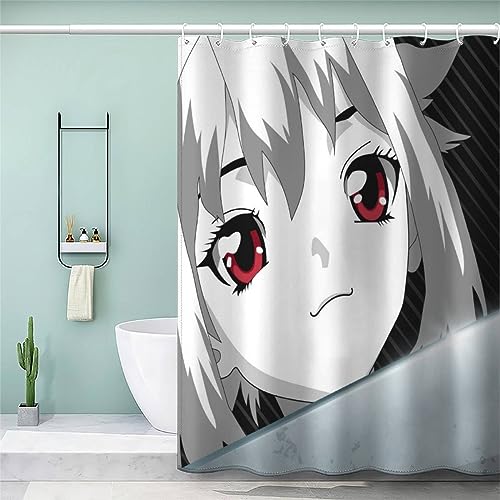AKATIE Anime Kawaii Duschvorhang 180x200 Japanisches Manga-Mädchen Schwarz Weiß Bad Vorhäng Anti-Schimmel Textil Anti-Bakteriel 3D Wasserdicht Duschvorhänge Badewanne mit 12 Hooks von AKATIE