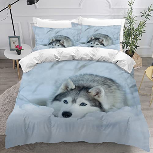 AKATIE Bettwäsche 155x220 Husky Hund Bettbezug 3D Druck flauschig Hypoallergen Bettwäsche-Set 3Teilig Teenager Jungen Mädchen Mikrofaser Bunt Tier Hund Betten Set von AKATIE