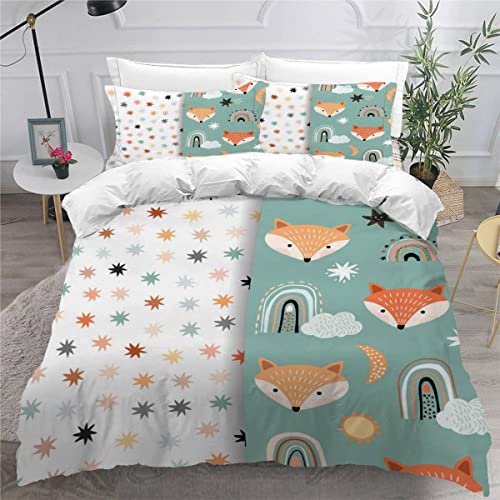 AKATIE Bettwäsche 200x200 flauschig Fuchs Bettwäsche Set 3 Stück Weiche Mikrofaser 3D Drucken Bettbezug Sterne Cartoon-Blau Jugendliche Bettbezüge mit 2 Kissenbezug 80 x80 von AKATIE