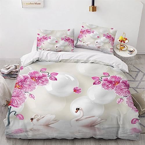 AKATIE Bettwäsche 200x200cm flauschig Schwan Bettwäsche Set 3 Stück Weiche Mikrofaser 3D drucken Bettbezug Rosa Orchidee Jugendliche Bettbezüge mit 2 Kissenbezug 80x80 von AKATIE