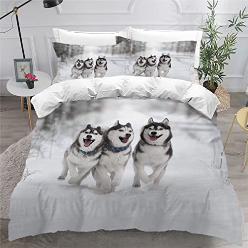 AKATIE Bettwäsche Sibirischer Husky Bettwäsche 135x200 Kinder Tier Hund Bettbezug Set Weich Microfaser Kinderbettwäsche 3 Teilig Mit ReißVerschluss Mit 2 Kissenbezug 80x80 cm von AKATIE