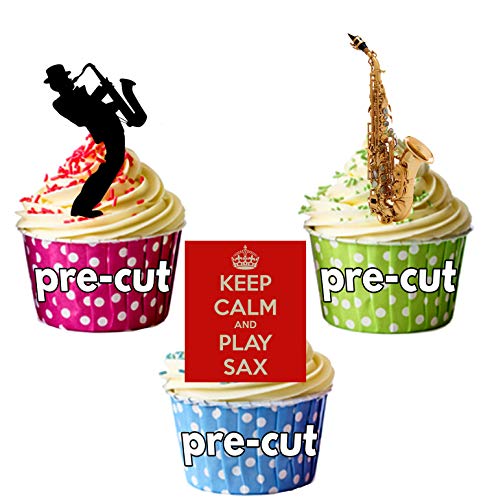 Essbare Cupcake-Dekoration mit Aufschrift "Keep Calm and Play Saxophon and Saxophon Play", vorgeschnitten, 12 Stück von AK Giftshop