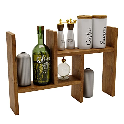 AKKE Karo Gewürzregal Stehend Regal Für Küche Küchenregal Stehend Tischregal Organizer Für Wohnzimmer Schreibtisch Organizer Bücherregal Standregal Für Büro 40-74 x 44 x 12 cm Eiche Retro von AKKE