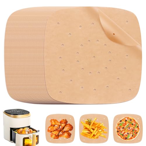 Airfryer Backpapier 200 Stück, Backpapier für Heißluftfritteuse, 21.5CM Quadratisch Heißluftfritteuse Backpapier, Perforiertes Antihaft Papier für Heißluftfritteuse, Backpapier für Fritteuse, Ofen von AKONE