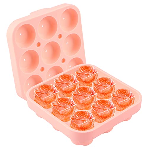 Eiswürfelform Rose,AKONEd 9-Fach Eiskugel runde Rose Eiswürfelbehälter mit Deckel, BPA-Frei Silikon Kugel EiswüRfelbehäLt, für Gekühlte Getränke, Cocktails und Saftgetränke Ice Cube Tray (rosa) von AKONE
