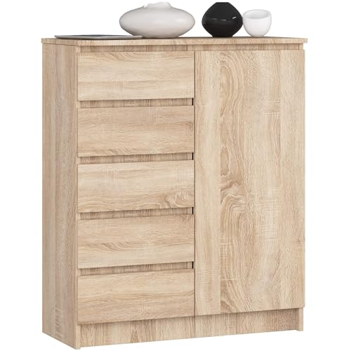 AKORD Kommode K80 mit 5 Schubladen, Schrank mit 1 Tür 3 Regalböden, Für das Wohnzimmer Schlafzimmer, Moderne, 16mm Laminierte Platte, B80xH97xT35 cm, Farbe Sonoma-Eiche & Sonoma-Eiche AKORD Kommode K80 mit 5 Schubladen, Schrank mit 1 Tür 3 Regalböden, Für das Wohnzimmer Schlafzimmer, Moderne, 16mm Laminierte Platte, B80xH97xT35 cm, Farbe Sonoma-Eiche & Sonoma-Eiche von AKORD