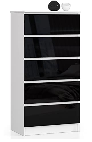 AKORD Kommode K60 mit 5 Schubladen | für das Wohnzimmer Schlafzimmer Schrank Büro Arbeitszimmer | Modernes Funktionales Design | B60 x H121 x T40 cm, Gewicht 39kg | Weiß/Schwarz Glänzend von AKORD