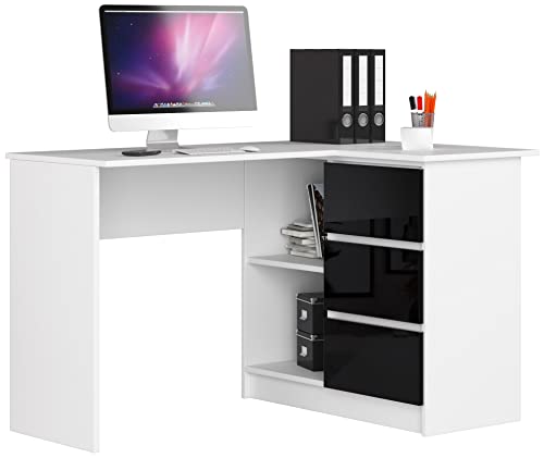 AKORD Eckschreibtisch mit Regal und 3 Schubladen | Schreibtisch | ecktisch | Eck Schreibtisch für Home Office | Einfache Montage | Weiß & Schwarz Glänzend Front von AKORD