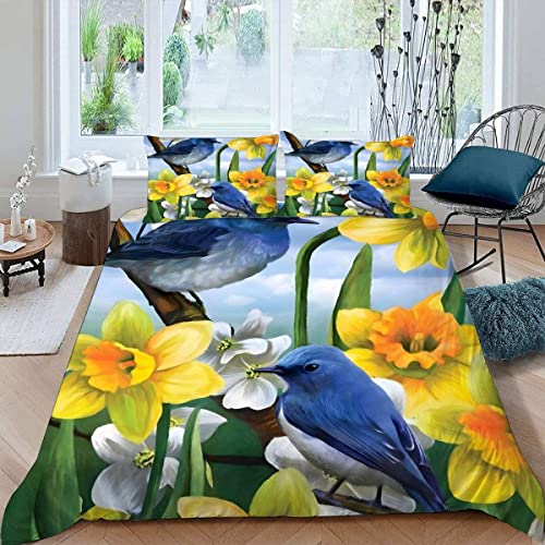 ALABOW Blumen Vögel Bettwäsche Set 135x200 cm 2teilig mit Reißverschluss Weiche und Angenehme Schlafkomfort Microfaser Bettbezug Natur Pflanzen Kinderbettwäsche mit Kissenbezug 80x80 von ALABOW