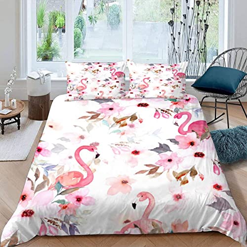 ALABOW Flamingo Bettwäsche 155x220 cm 3teilig mit Reißverschluss 3D Tropisch Blumen Blätter Bettwäsche Sets Warme Winter Sommer Weich Bettbezüge mit 2 Kissenbezug 80x80 cm für Teenager von ALABOW