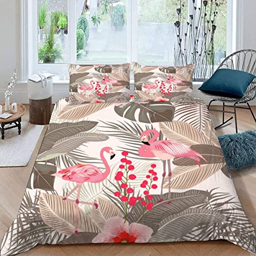 ALABOW Flamingo Bettwäsche 155x220 cm 3teilig mit Reißverschluss 3D Tropisch Blumen Blätter Bettwäsche Sets Warme Winter Sommer Weich Bettbezüge mit 2 Kissenbezug 80x80 cm für Teenager von ALABOW