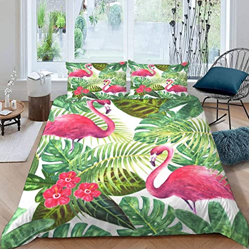 ALABOW Flamingo Bettwäsche Set 135x200 cm 2teilig mit Reißverschluss Weiche und Angenehme Schlafkomfort Microfaser Bettbezug Tropisch Blumen Blätter Kinderbettwäsche mit Kissenbezug 80x80 von ALABOW