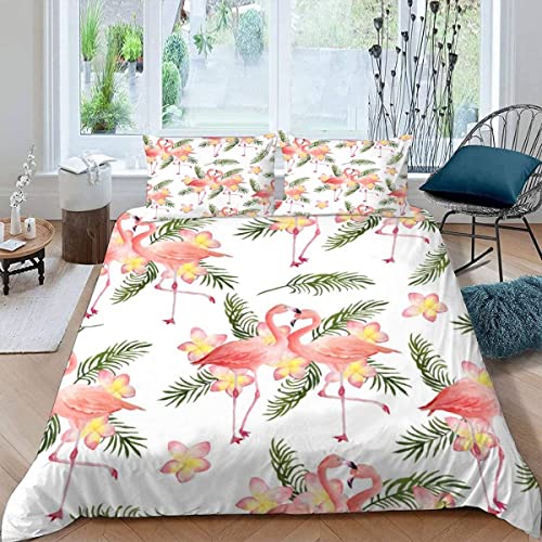 ALABOW Flamingo Bettwäsche Set 135x200 cm 2teilig mit Reißverschluss Weiche und Angenehme Schlafkomfort Microfaser Bettbezug Tropisch Blumen Blätter Kinderbettwäsche mit Kissenbezug 80x80 von ALABOW