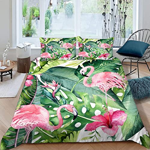 ALABOW Flamingo Bettwäsche Set 135x200 cm 2teilig mit Reißverschluss Weiche und Angenehme Schlafkomfort Microfaser Bettbezug Tropisch Blumen Palmblätter Kinderbettwäsche mit Kissenbezug 80x80 von ALABOW