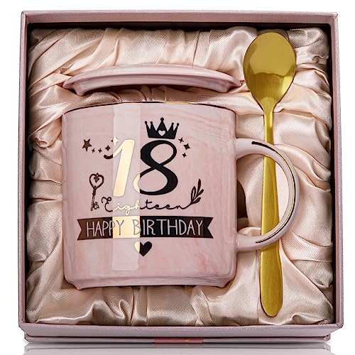 18. Geburtstag Mädchen, Alles Gute zum 18th Geburtstag, 14 Unzen Kaffeetasse mit Golddruck, Lustiges Geschenke zum 18 Geburtstag mädchen Tochter, Mit Deckel, Grußkarte, Goldenem Löffel, Geschenkbox von ALBISS