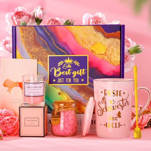 ALBISS Geburtstagsgeschenk für Schwester Geschenk, Lustige Geburtstag Geschenk Set, 400ml Marmor Keramik Kaffeetasse, Duftkerze, Badesalz, Entspannendes Spa-Badeset, Beste Schwester, Geschenkbox von ALBISS