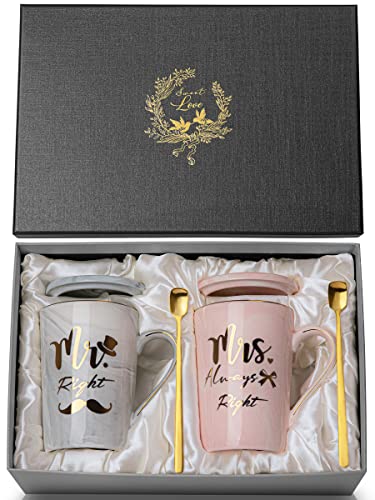 ALBISS Hochzeitsgeschenk Ideen, Hochzeitsgeschenke für Brautpaar, Mr Right Mrs Always Right - Couple Jahrestag Hochzeit Geschenk für Ihn Sie, 400ML Marmor Keramikbecher Set für Paar, Rosa und Grau von ALBISS