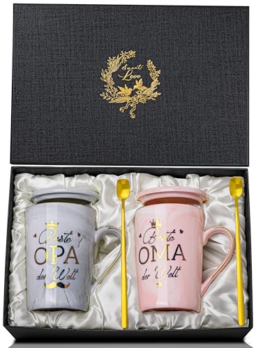 Geschenkset Oma und Opa Geschenke für Großeltern, 400ml Beste Oma Opa der Welt Tasse, Geschenk zum Geburtstag Ostern Jahrestag Hochzeitstag Muttertag Vatertag Geschenke für Opa Oma, Rosa und Grau von ALBISS