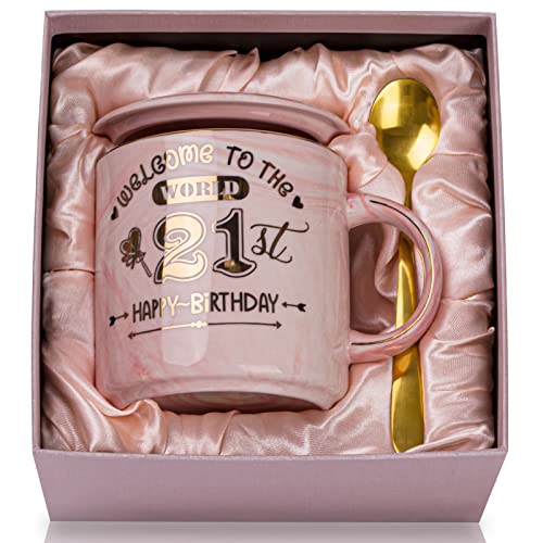 Tasse zum 21. Geburtstag für sie, Andenken, Happy 21st Birthday, Geschenk für Tochter, Frauen, Mädchen, Schwester, beste Freundin, weibliche Erwachsene, Nichte, bedruckt mit Gold, in Geschenkbox von ALBISS