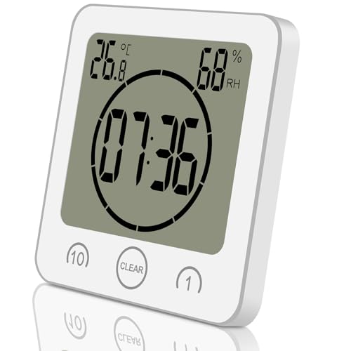 ALEENFOON Digital Badezimmeruhr Duschuhr Wasserdicht mit Saugnapf Thermometer zum Hinstellen Wand Dusche Countdown Timer Digitalwecker Batteriebetrieben Thermometer Hygrometer Innen (Weiß) von ALEENFOON