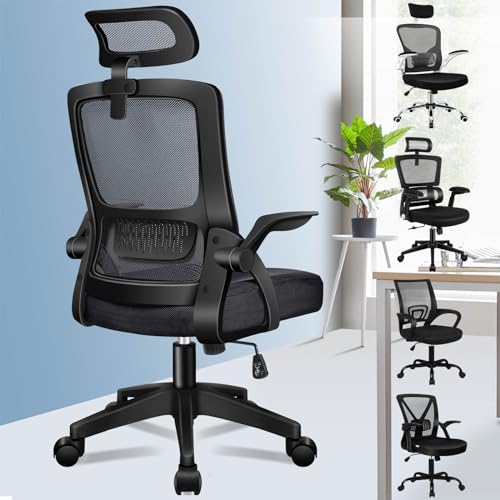 ALFORDSON Büro-Schreibtischstuhl, Ergonomisch für das Heimbüro, Computer-Netzstuhl mit Dynamischer Lordosenstütze, Kopfstütze, Hochklappbare Armlehne, Neigbarer Drehstuhl, Schwarz von ALFORDSON