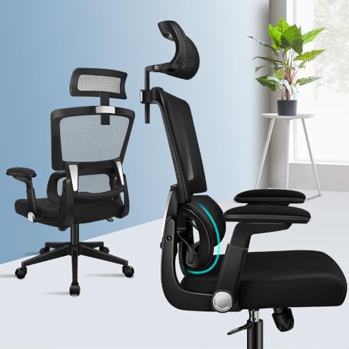 ALFORDSON Bürostuhl, Ergonomischer Stuhl mit Flexibler Lordosenstütze, Computerdrehstuhl mit Kopfstütze, Hochklappbare Armlehnen, Schwarz von ALFORDSON