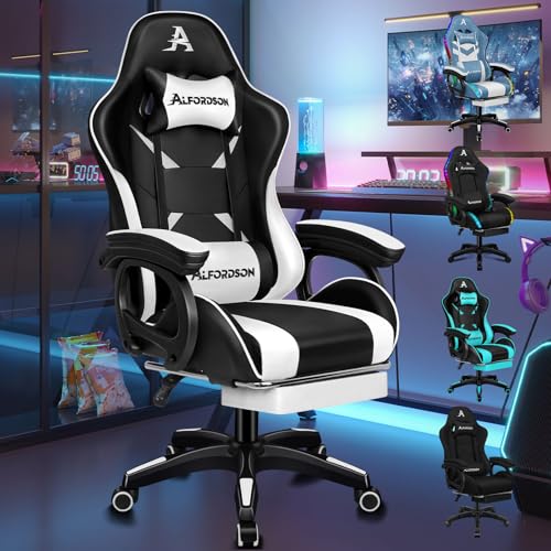 ALFORDSON Gaming-Stuhl, Racing-Gamer-Stuhl mit 2-Punkt-Massage zum Spielen, ergonomischer Computerstuhl mit Lendenkissen, höhenverstellbar, PU-Leder, Weiß von ALFORDSON