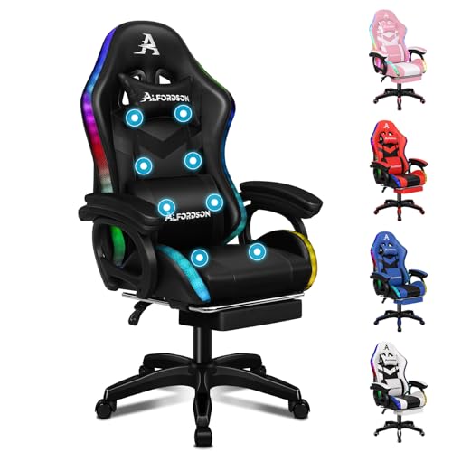 ALFORDSON Gaming Stuhl, Racing Gamer Stuhl mit LED RGB Beleuchtung, Massaging Computersessel mit Fußstütze, Ergonomischer Drehstuhl mit hebelbetätigter Rückenlehne, Schwarz von ALFORDSON