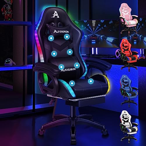 ALFORDSON Gaming Stuhl mit 8-Punkt Massage 12 Farben RGB LED-Licht, Bürostuhl Ergonomisch mit fußstützen, Kopfstütze Lendenkissen für Kinder Erwachsene, Schwarz von ALFORDSON