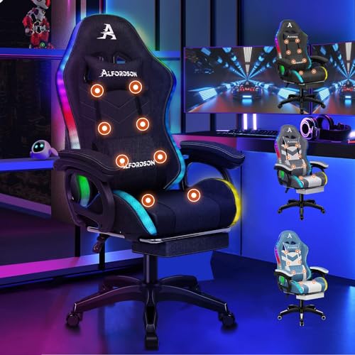 ALFORDSON Gaming-Stuhl mit LED, Gaming Sessel mit 8-Punkt-Massage, Ergonomischer Gamer Stuhl mit RGB Beleuchtung, Drehstuhl mit Lordosenstütze und Kopfstütze, Stoffmaterial, Schwarz von ALFORDSON