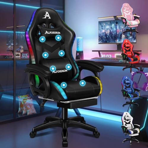 ALFORDSON Racing Gaming Stuhl, Massage Gamer Stuhl mit 12 LED Farben RGB Beleuchtung, Ergonomischer Sessel mit Lordosenstütze, Liegestuhl mit Fußstütze, PU Leder, Schwarz von ALFORDSON