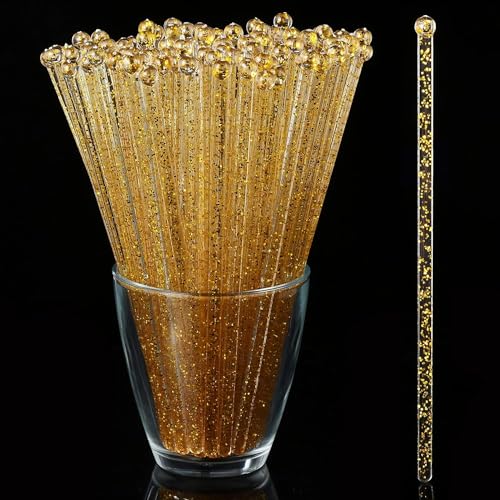 ALINK 50 Stück Gold Glitter Kunststoff Swizzle Sticks, Crystal Cake Pops, Cocktail, Kaffee, Getränke, Rührstäbchen, 18 cm von ALINK