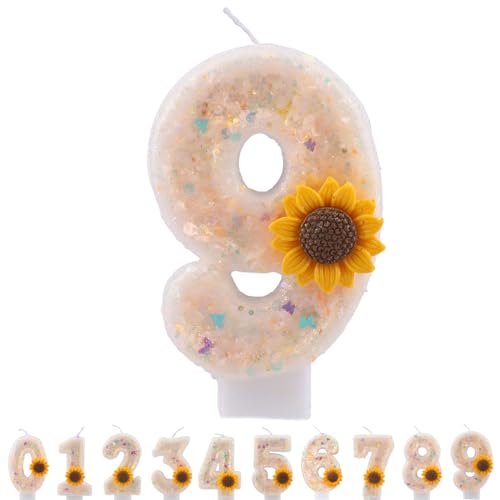 ALLVA Kerzen Geburtstag 9, Geburtstagskerzen Sonnenblume Zahlen Mädchen, Glitzernde Kerze 9, Geburtstagskerzen für Kinder, Erwachsene,Geburtstagsfeier, Jubiläum, Meilenstein (Nummer 9) von ALLAVA