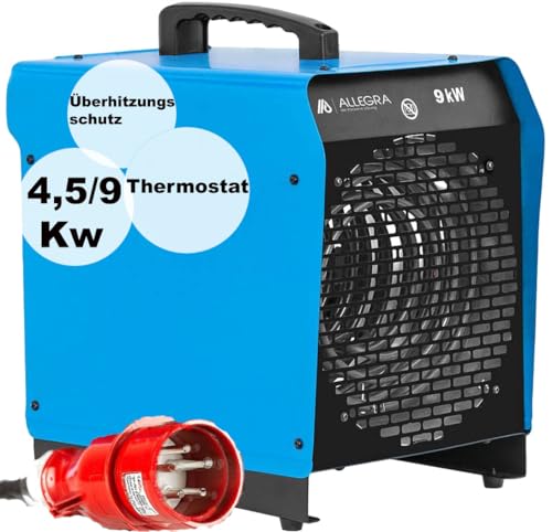 ALLEGRA Heizlüfter 9kw 400v Bauheizer Heizgebläse Bau Heizgerät Elektroheizer elektrisch Heizstrahler für Starkstrom Garage und Industrie 16A mit Thermostat Zeltheizung Heizer für Baustelle von ALLEGRA