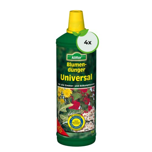 Allflor Blumendünger Universal Flüssigdünger I 4 x 1 L I Flüssiger Spezialdünger in der 1L Flasche I Flüssig-Dünger mit besonderer Nährstoff-Kombination für alle Zimmer- und Balkonpflanzen von ALLFLOR