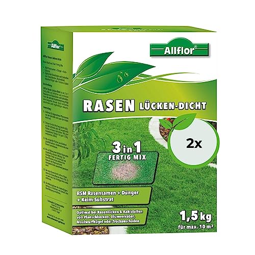 Allflor Rasen-Lücken-Dicht I 2 x 1,5 Kg I 3-in-1 Fertig Mix I Mischung aus Rasensamen, Dünger und Keimsubstrat I Ideal zur Reparatur von Kahlstellen & Rasenlücken I Für einen grünen Rasen von ALLFLOR