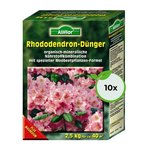 Allflor Rhododendrondünger I 10 x 2,5 Kg I Organisch-Mineralische Nährstoffkombination für Moorbeetpflanzen I Rhododendron Dünger in der Faltschachtel I Magnesium-betontes Düngemittel von ALLFLOR