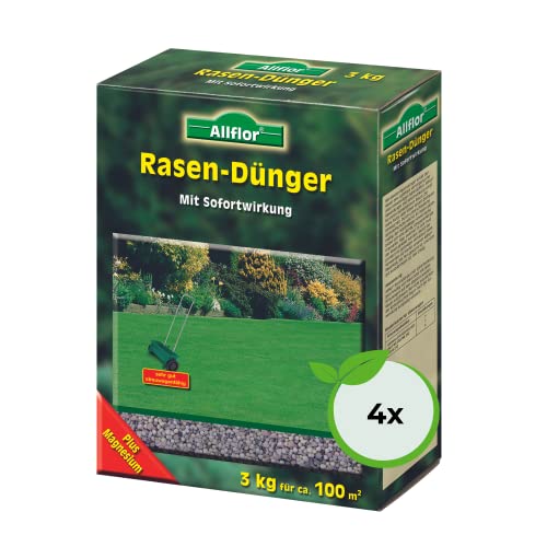 Allflor Rasen-Dünger mit Sofortwirkung I 4 x 3 Kg I NPK 12-5-5 I Rasendünger in der Faltschachtel I Dünger ist gut geeignet für Streuwagen I Düngemittel mit hohem Stickstoffgehalt von ALLFLOR