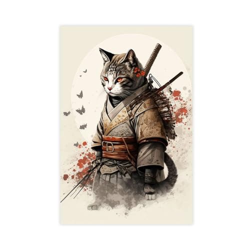 ALNILA Lustiges Poster mit Samurai-Katze auf Leinwand, Wandkunst, Dekor, Bild, Gemälde für Wohnzimmer, Schlafzimmer, Dekoration, ungerahmt, 30 x 45 cm von ALNILA