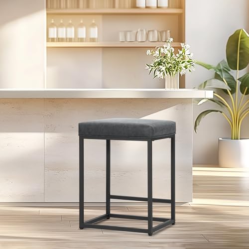 ALPHA HOME Barhocker mit Fußstütze Barstuhl ohne Lehne Grau Barhocker Pu-Leder Sitzhöhe 61cm Barstühle Rückenfreier Sitzhocker mit dickem Kissen und robustem verchromtem Metallgestell, 1PC von ALPHA HOME