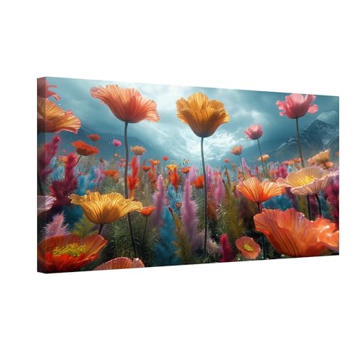 ALTDECOR Bilder Blumen 1-teilig, 70 x 50 cm Wandbild Deko Kunstdruck auf Leinwand Modern, Bild für das Wohnzimmer Schlafzimmer Esszimmer Poster Design - Wiese Rosa Mohn Blume Natur Orange Gelb Blau von ALTDECOR