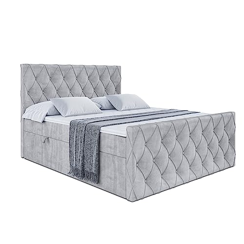 ALTDECOR Boxspringbett mit H3-Matratze (20 cm hoch) mit Bonellfederung, PUR, Topper (4 cm hoch), Polsterbett mit Kopfteil und Bettkasten - Amay - 160x200 - Grau Monolith 84 von ALTDECOR